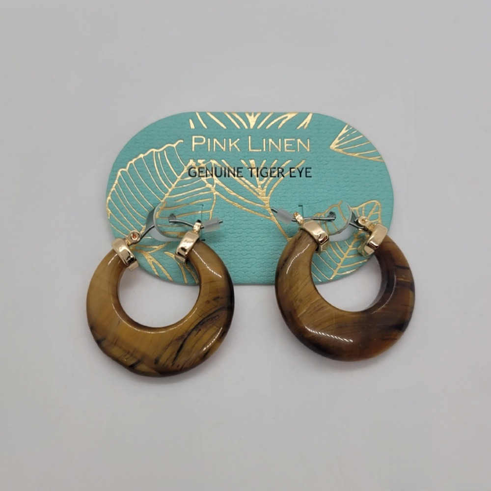 Pink Linen Genuine Tiger Eye Stone Hoop Earrings Brown Gold Tone NEW